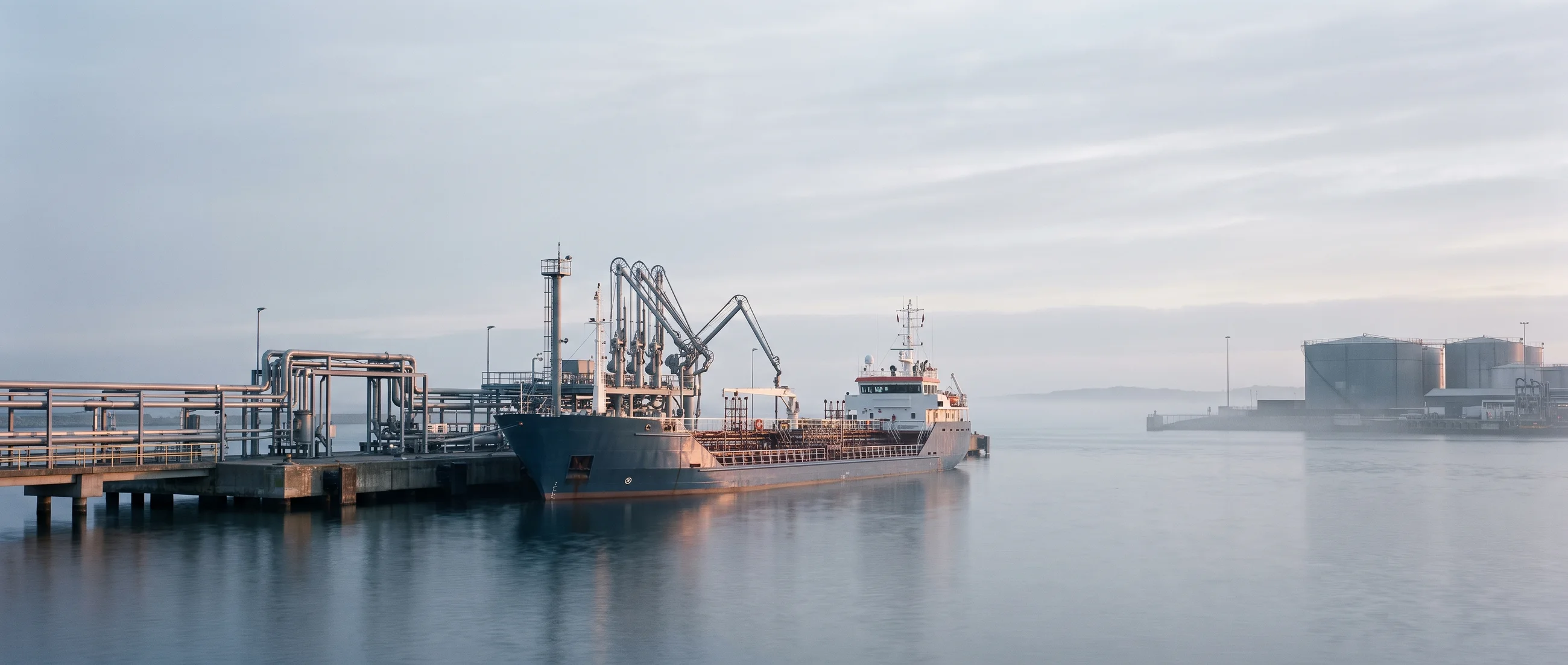 Product tanker alongside a loading berth at first light.